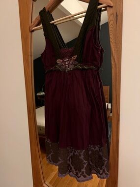 Vintage Free People Embroidered Burgundy Sleeveless Dress/tunic size 2